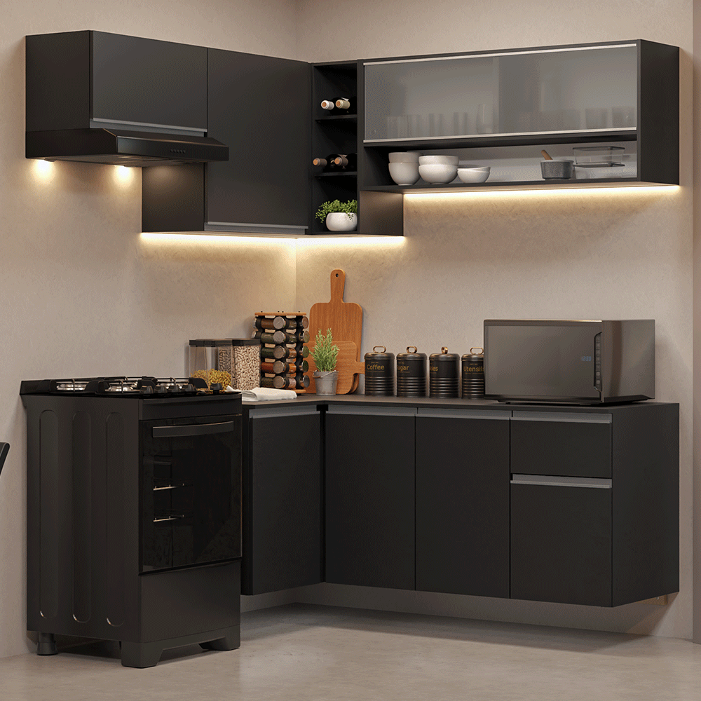 Combo Completo de Cocina Esquinera Flotante 325 cm Negro Nice Madesa 01