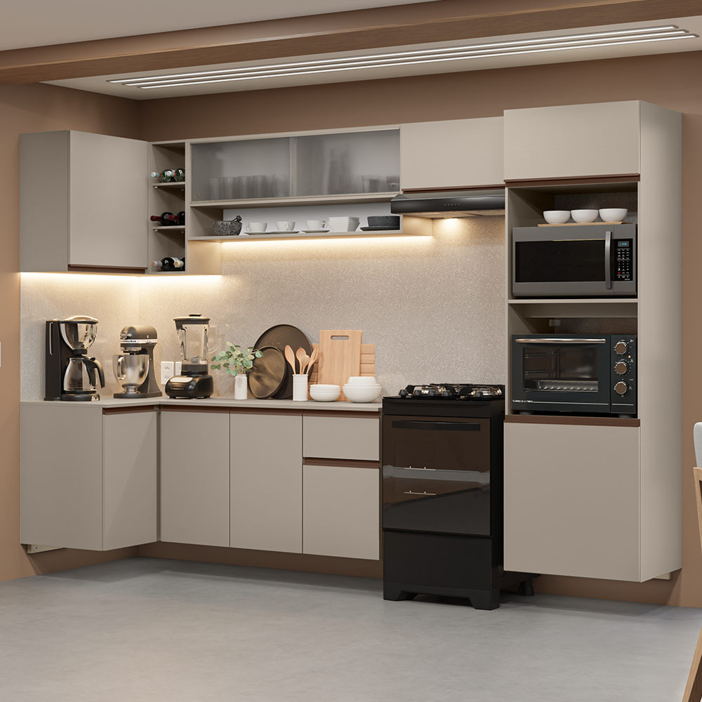 Combo completo de Cocina Esquinero Flotante 385cm Crema Nice Madesa 01