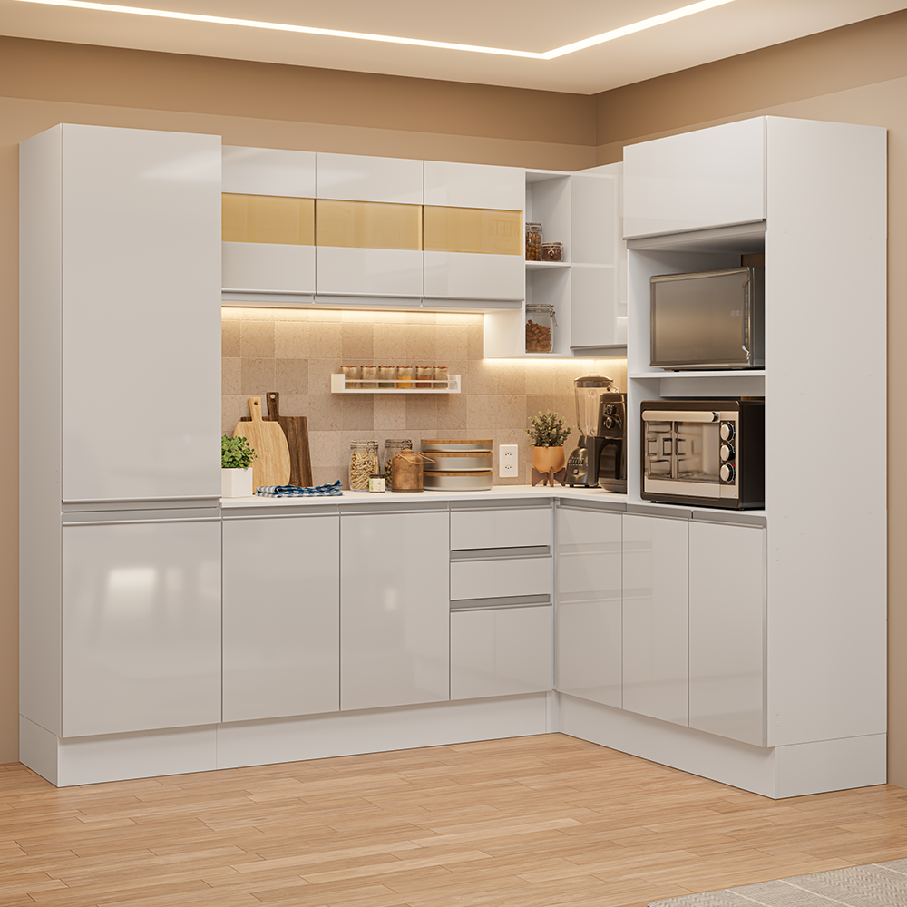 Combo Completo de Cocina Esquinera 100% MDF 377 cm Smart Blanco Brilhante Madesa 01