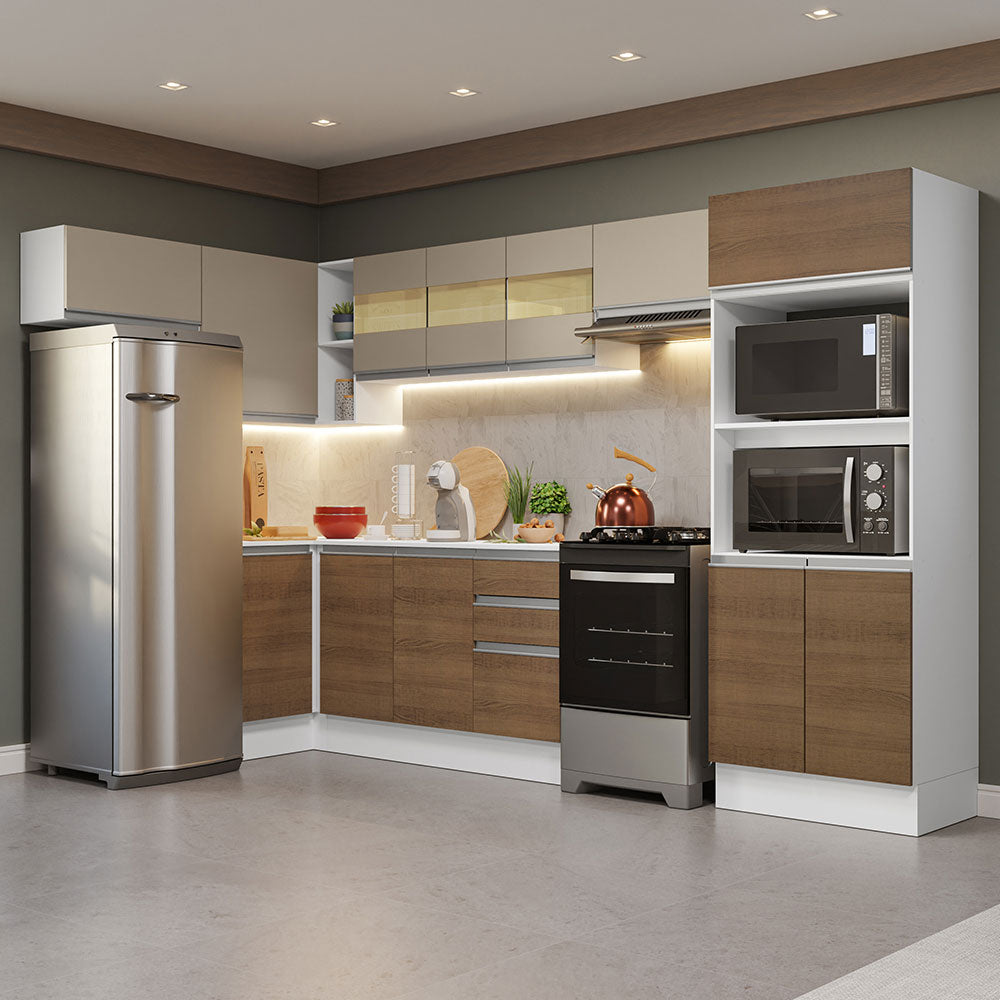 Combo completo de Cocina Esquinera Smart 100% MDF 447 cm 17 Puertas 2 Cajones (Con Mesada) Blanco/Marrón Madesa