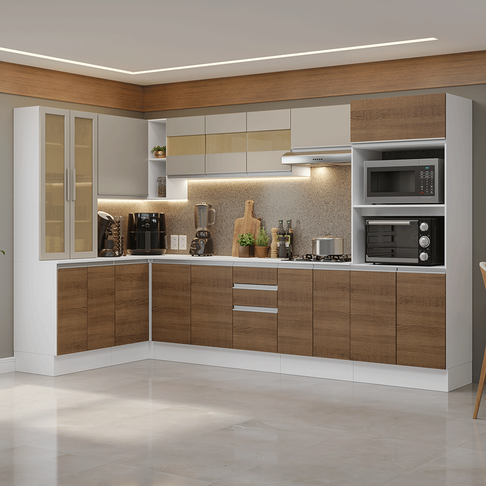 Combo completo de Cocina Esquinero 100% MDF 447 cm Blanco/Marrón/Crema Smart Madesa 02