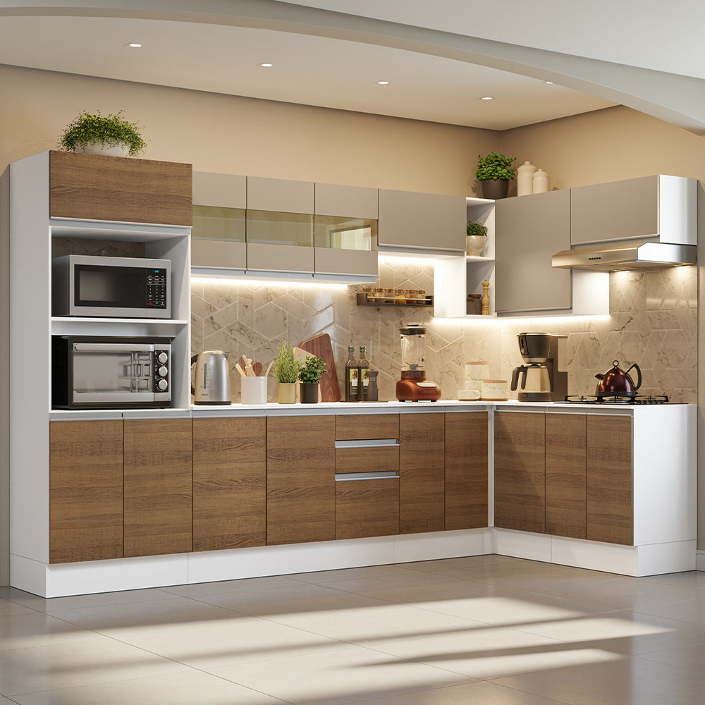Combo Completo de Cocina Esquinera 100% MDF 448 cm Blanco/Marrón/Crema Smart Madesa 01
