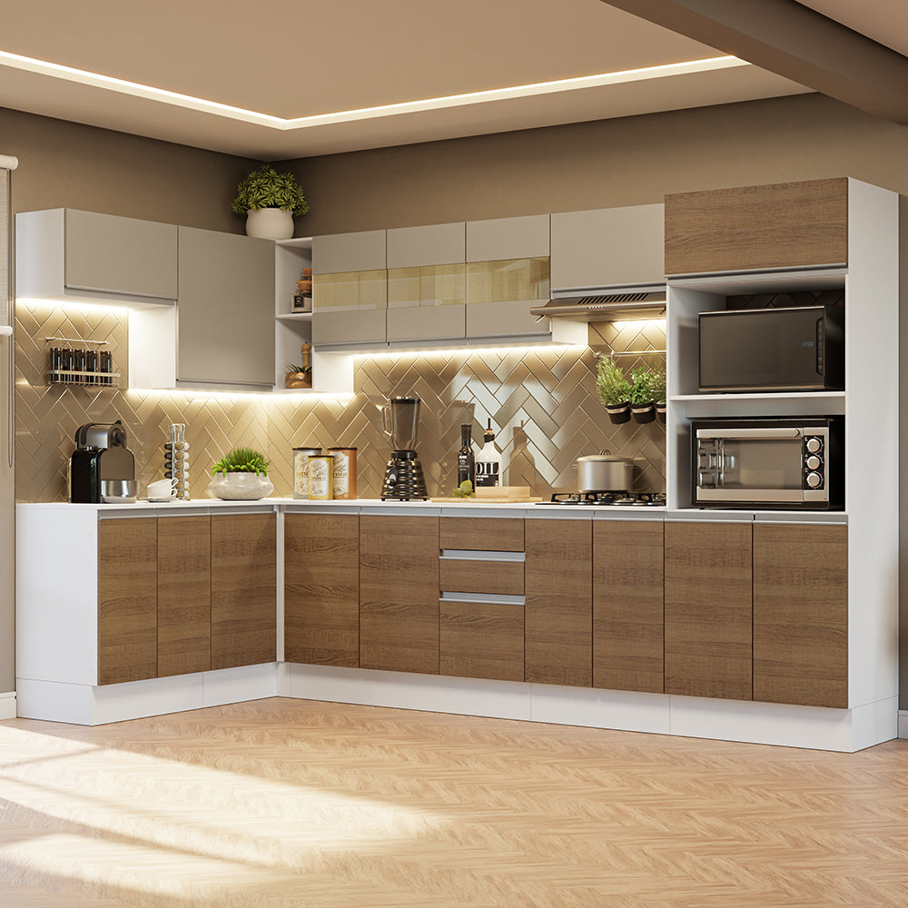 Combo Completo de Cocina Esquinera 100% MDF 447 cm Blanco/Marrón/Crema Smart Madesa 02