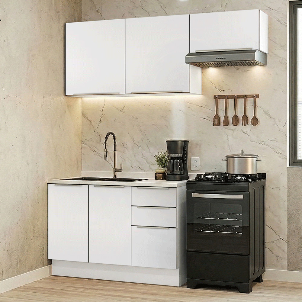 Cocina Compacta 180 x 60 cm Blanco/Blanco Aterciopelado Lux Madesa 03