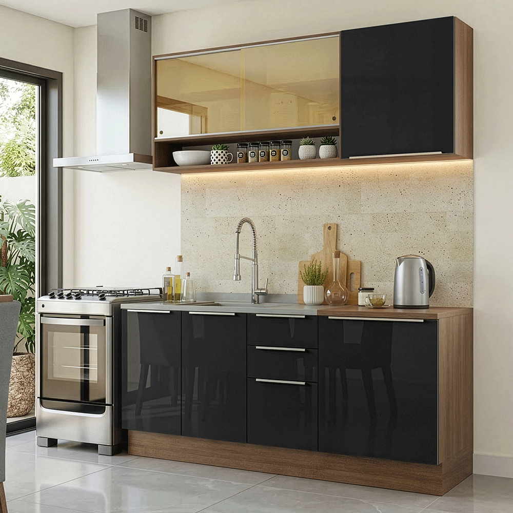 Cocina Compacta 180 cm Marrón/Negro Lux Madesa 04
