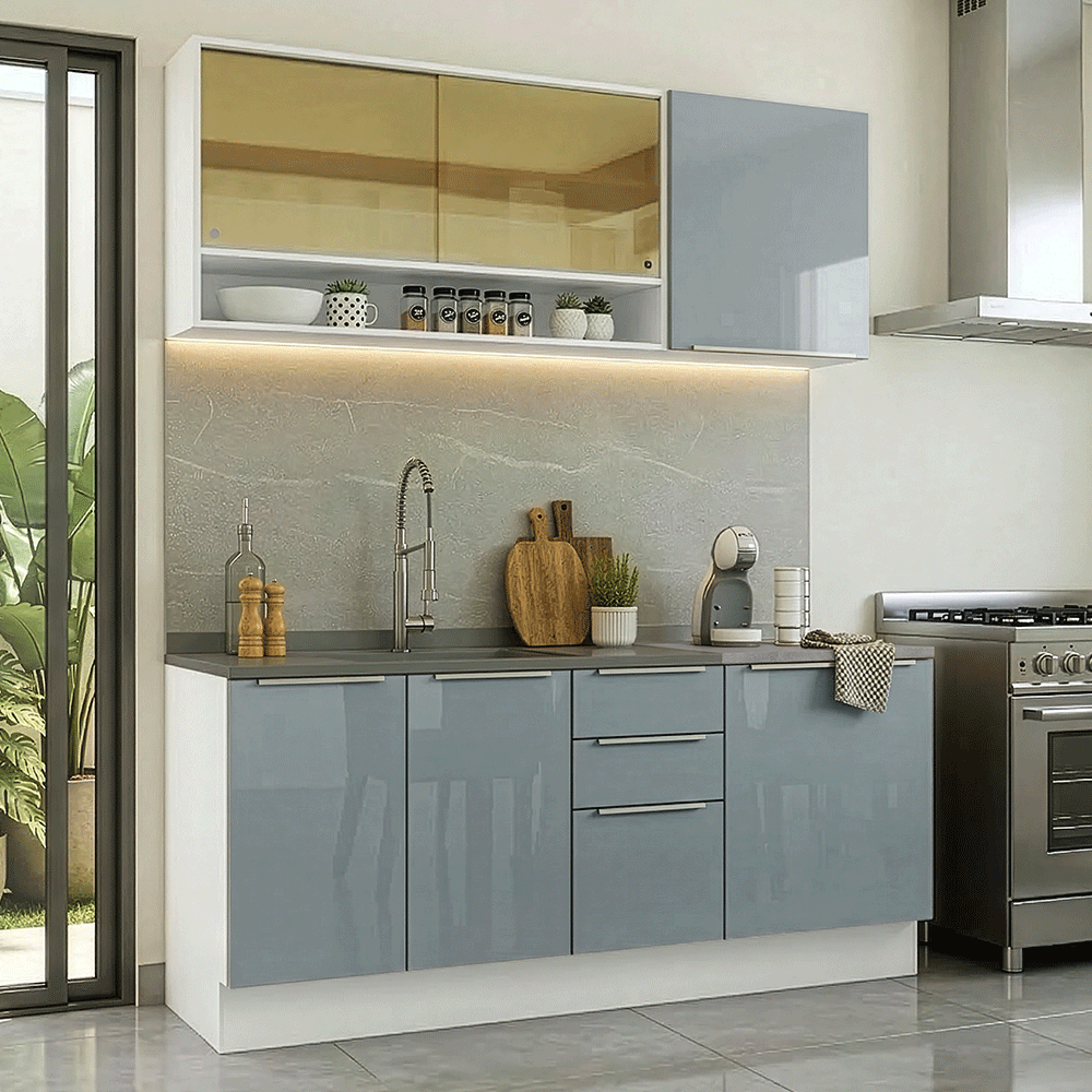Cocina Compacta 180 x 60 cm Blanco/Gris Lux Madesa 05