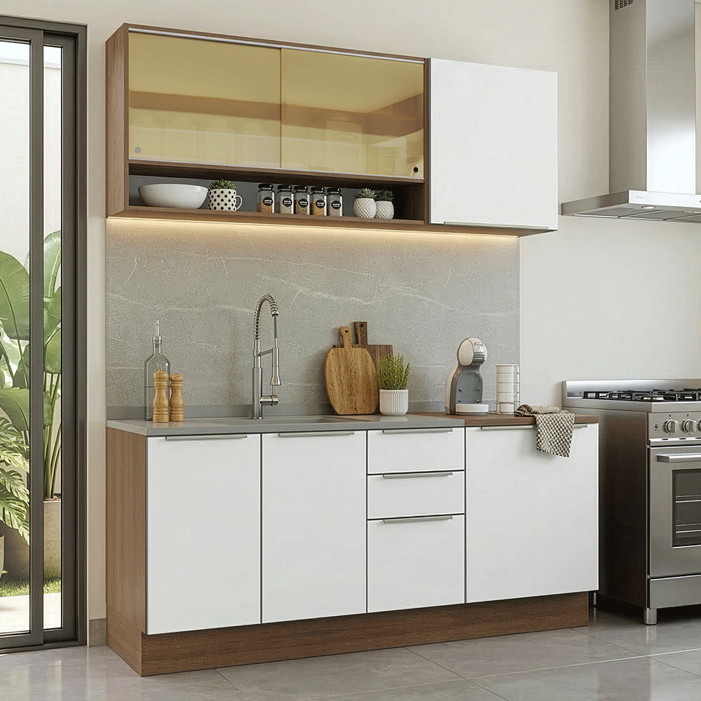 Cocina Compacta 180 x 60 cm Marrón/Blanco Aterciopelado Lux Madesa 05