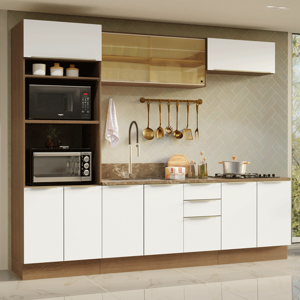 Combo Completo de Cocina 270 x 60 cm Marrón/Blanco Aterciopelado Lux Madesa 06