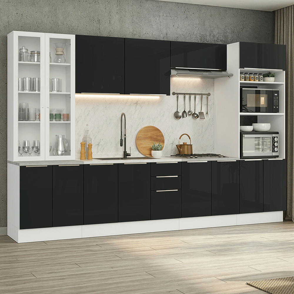 Combo completo de Cocina 340 x 60 cm Blanco/Negro Lux Madesa 04