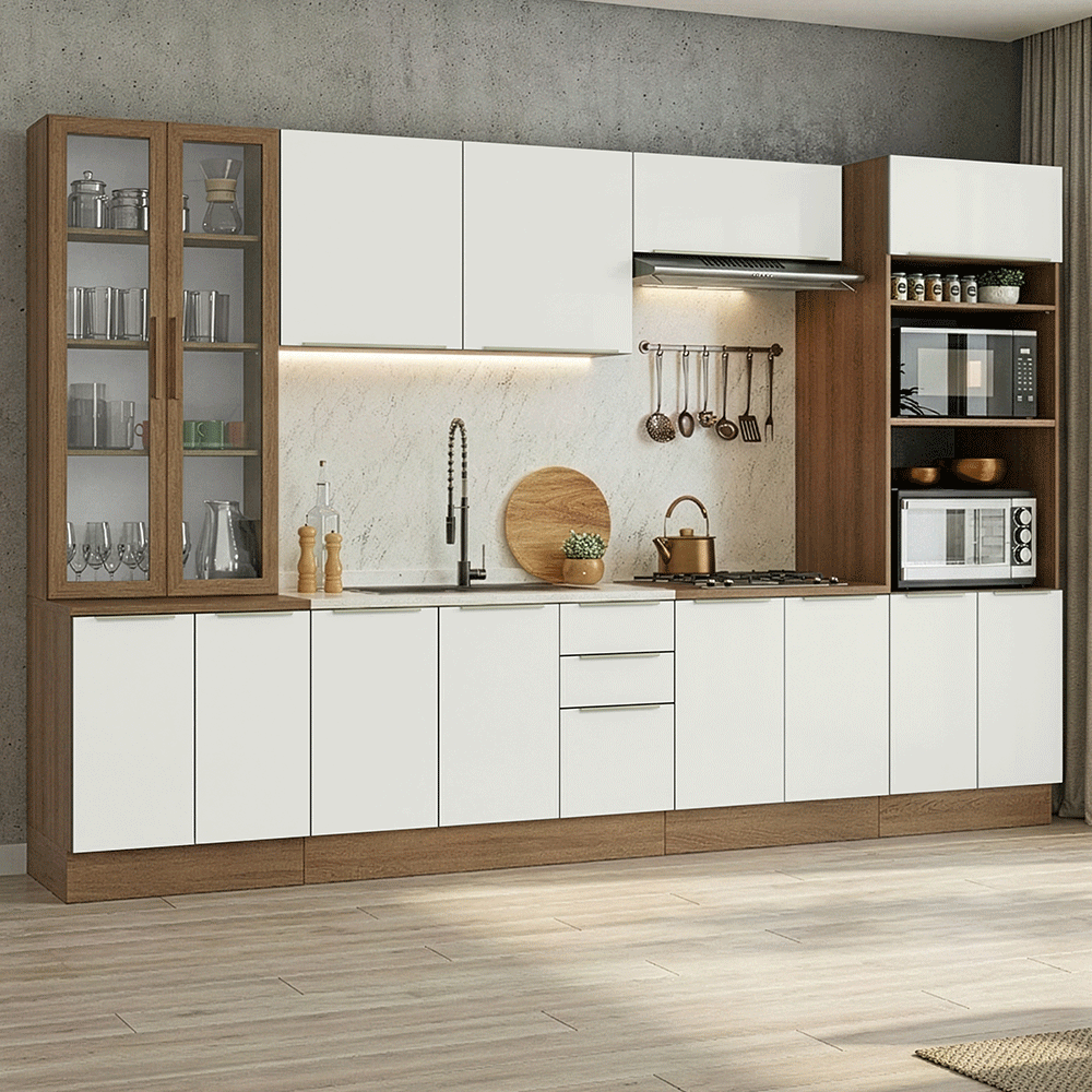 Combo completo de Cocina 340 x 60 cm Marrón/Blanco Aterciopelado Lux Madesa 04