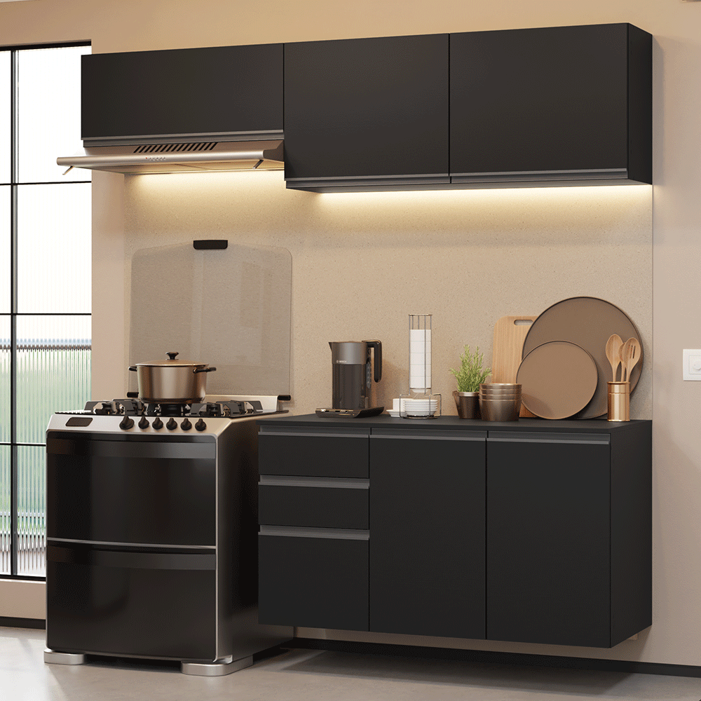 Cocina Compacta 200 cm Flotante Negro Nice Madesa 05