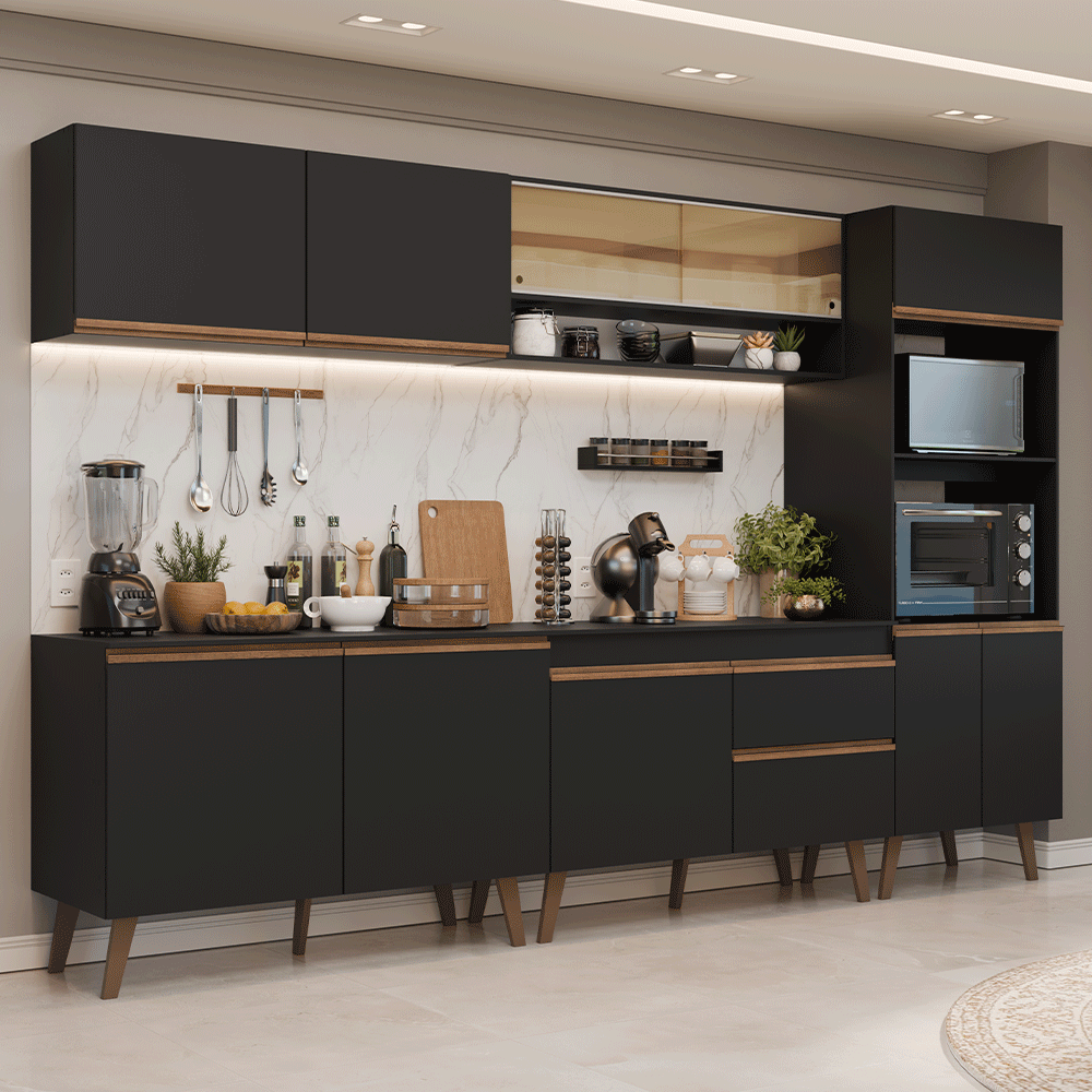Mueble de Cocina Completa Pieta 310 cm 11 Puertas 1 Cajón (Con Mesada) Negro 02 Madesa
