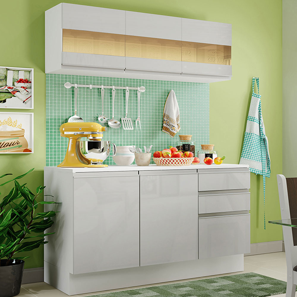 Cocina Compacta Smart 100% MDF Puertas Brillante XP 120 cm 6 Puertas 2 Cajones (Con Mesada) Blanco Madesa
