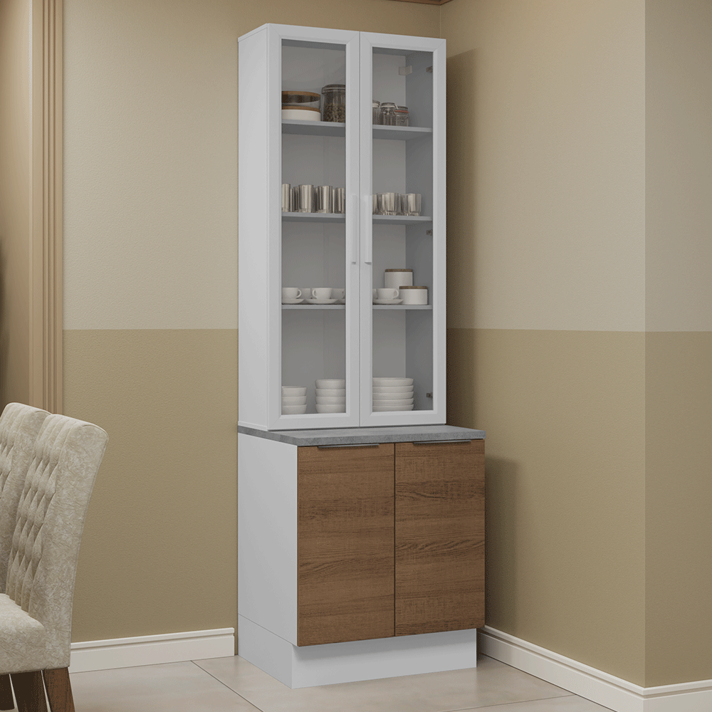 Kit Bajo Mesada + Cristalero 70cm Blanco/Marrón Stella Madesa 02