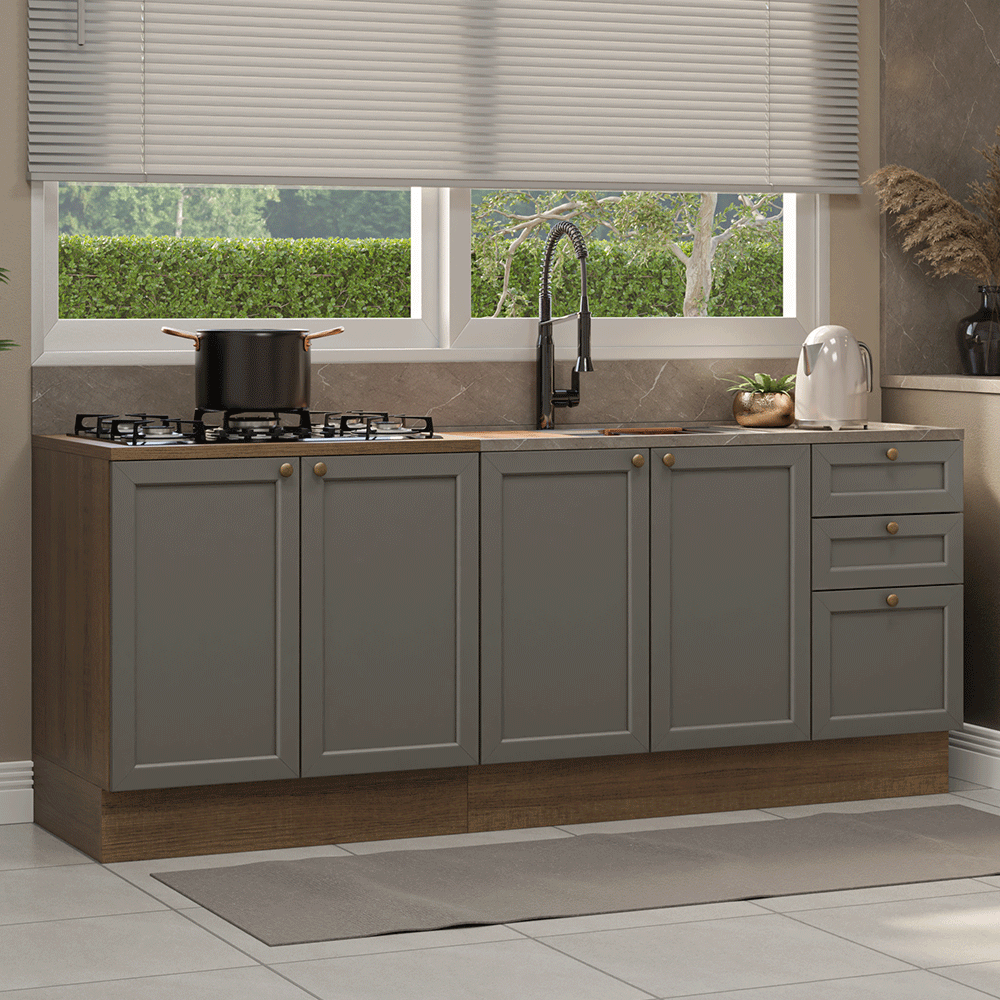 Kit 2 Bajo Mesadas con 3 Cajones 4 Puertas (Sin Mesada) Vik Marrón/Gris 01