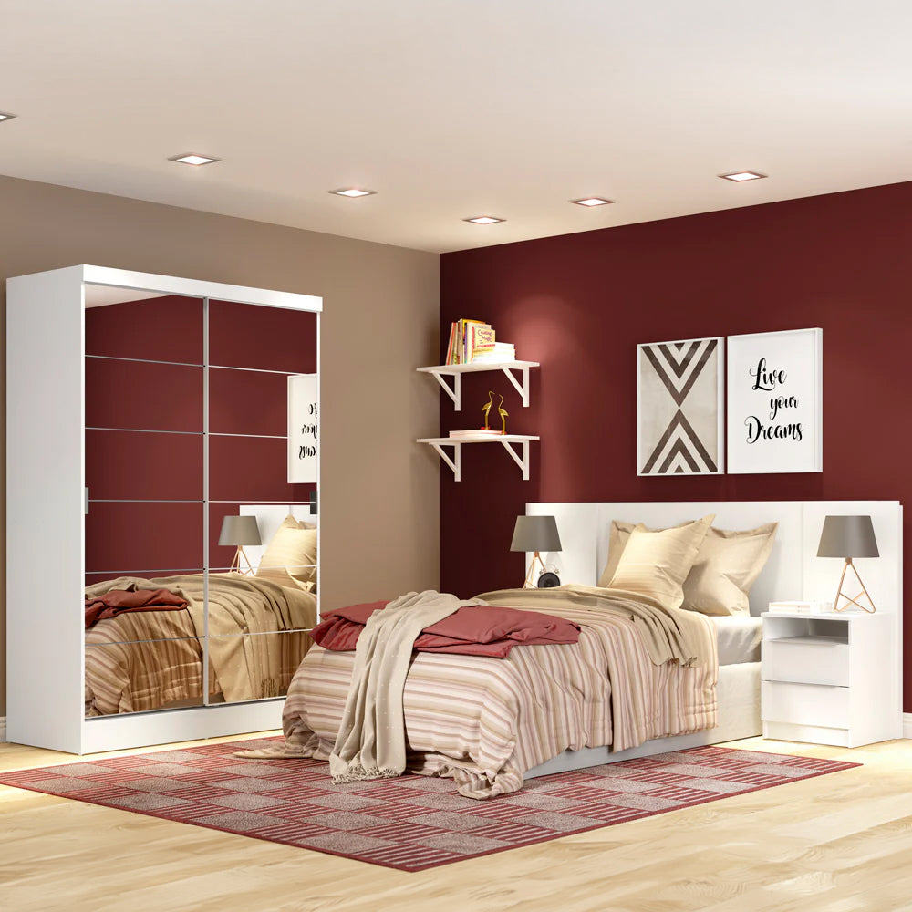 Habitación Completa con Placard Luke 2 Purtas de Espejo y Respaldo de cama con 2 Mesas de Luz Madesa Blanco