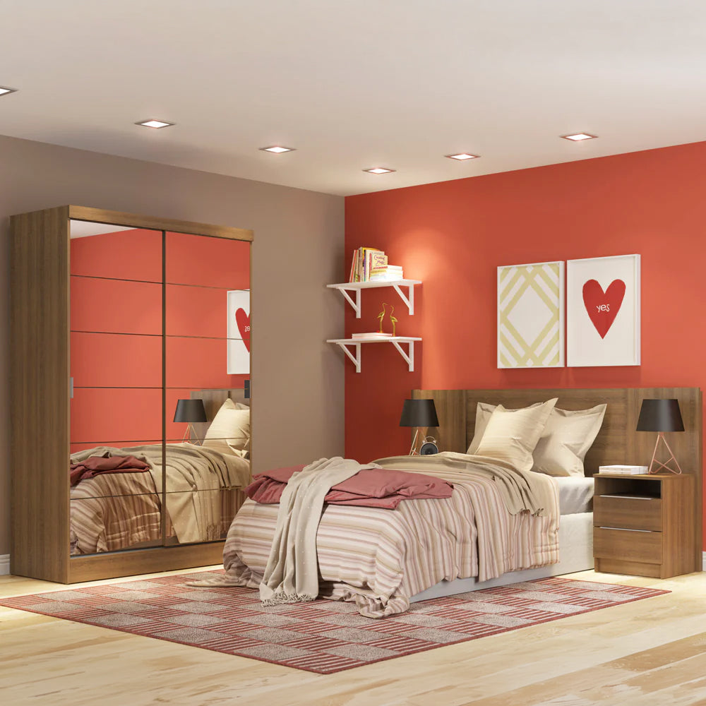 Habitación Completa con Placard Luke 2 Purtas de Espejo y Respaldo de cama con 2 Mesas de Luz Madesa Marrón