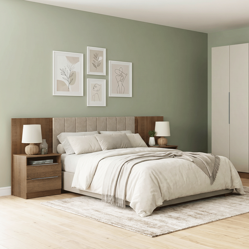 Respaldo de Cama Extensible Tapizado con 2 Mesas de Luz Marrón/Imperial Madesa