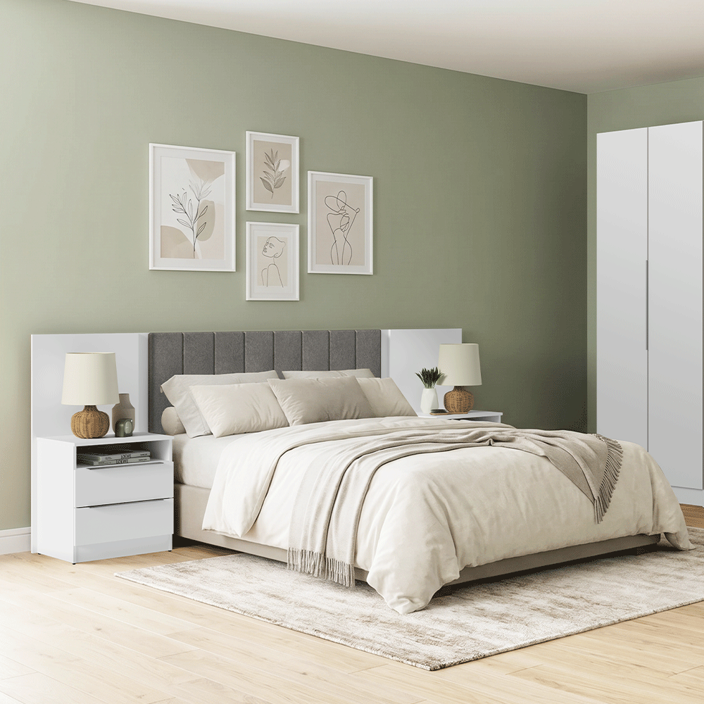 Respaldo de Cama Extensible Tapizado con 2 Mesas de Luz Blanco/Silver Madesa