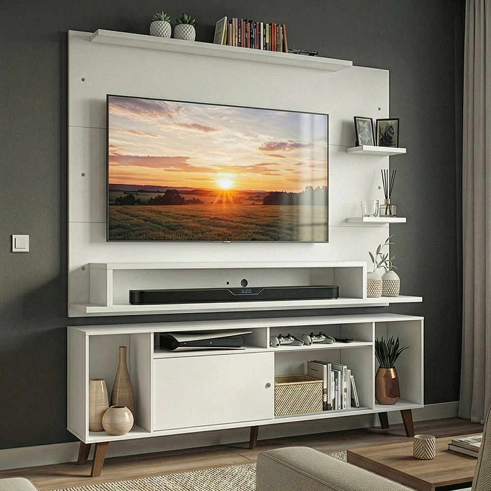 Rack con Panel para TV hasta 60 Pulgadas 180 cm con Patas Blanco/Marrón Cancun Madesa
