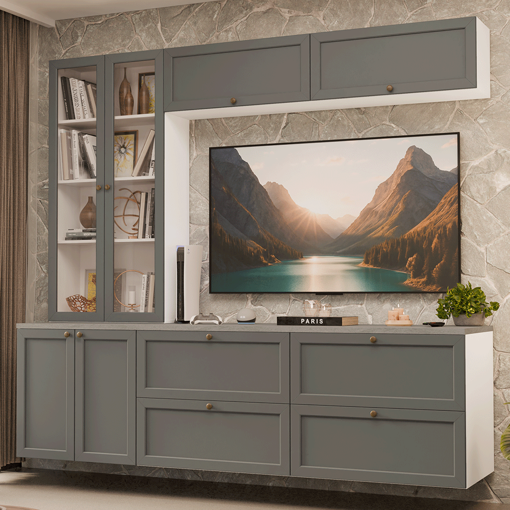 Centros de Entretenimiento con Rack + Cristaleiro 230 cm Blanco/Gris Vik Madesa 01