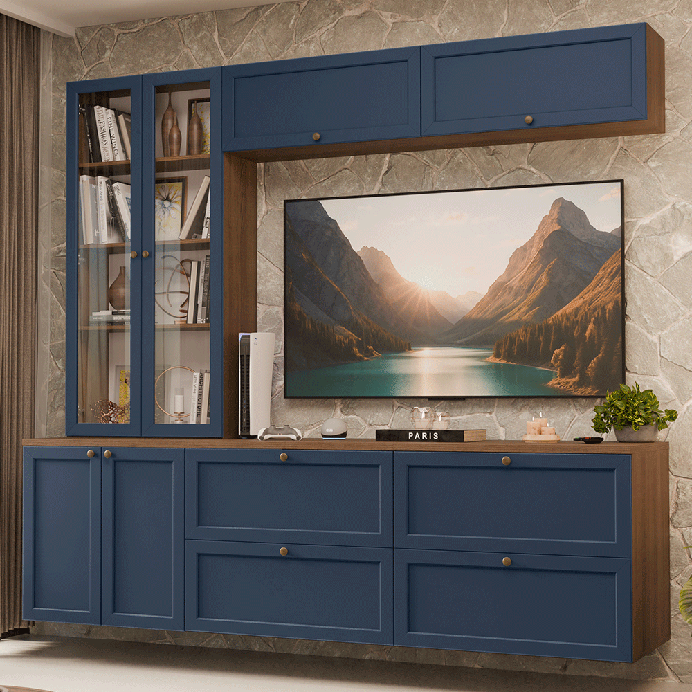 Centros de Entretenimiento con Rack + Cristaleiro 230 cm Marrón/Azul Vik Madesa 01