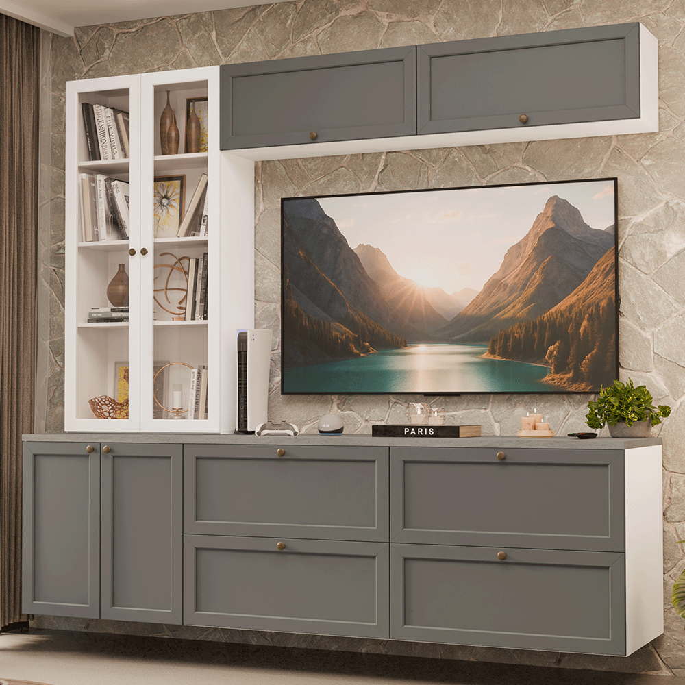 Centros de Entretenimiento con Rack + Cristaleiro 230 cm Blanco/Gris/Blanco Vik Madesa 01