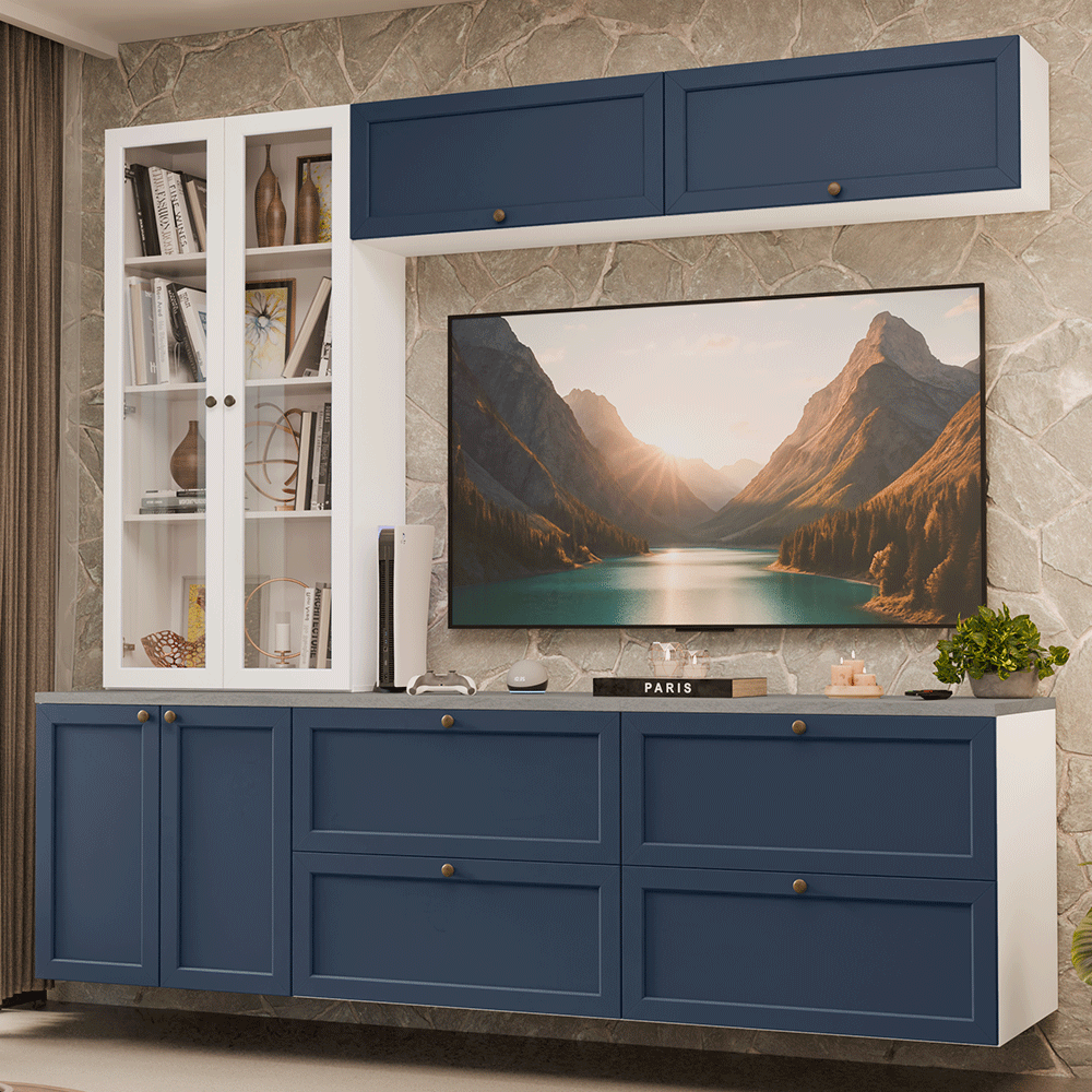 Centros de Entretenimiento con Rack + Cristaleiro 230 cm Blanco/Azul/Blanco Vik Madesa 01