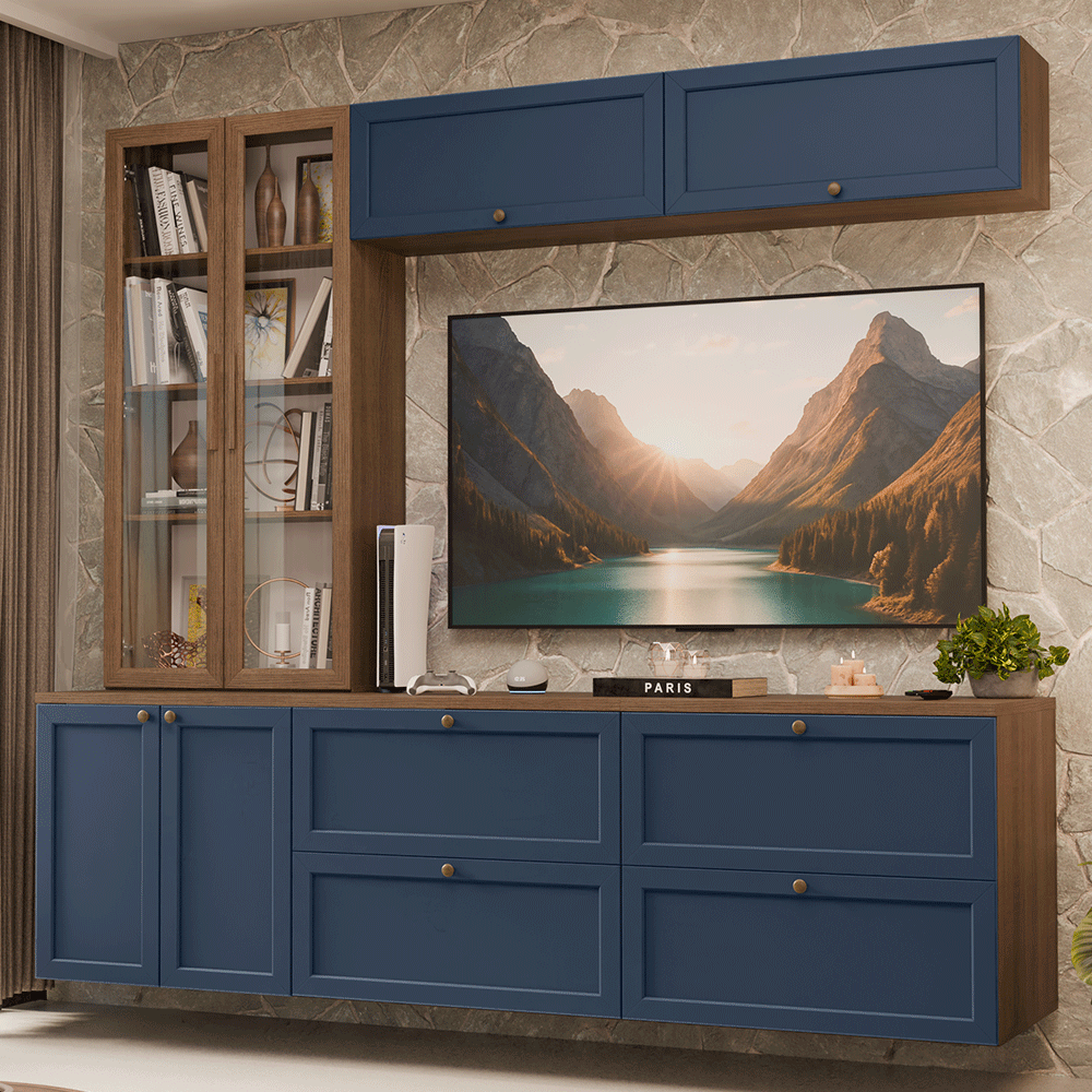 Centros de Entretenimiento con Rack + Cristaleiro 230 cm Marrón/Azul/Marrón Vik Madesa 02