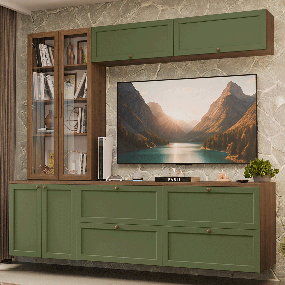 Centros de Entretenimiento con Rack + Cristaleiro 230 cm Marrón/Verde/Marrón Vik Madesa 02