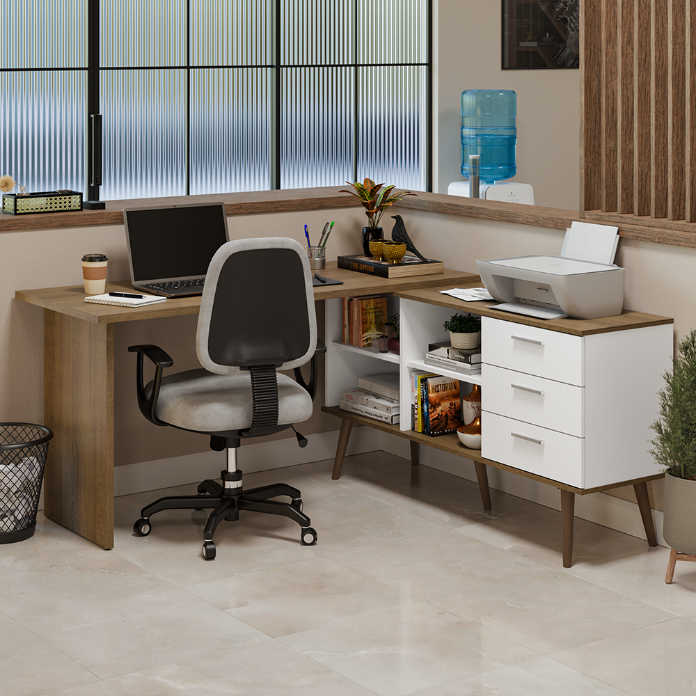 Escritorio em L 3 Cajones Blanco/Marrón Lisboa Madesa