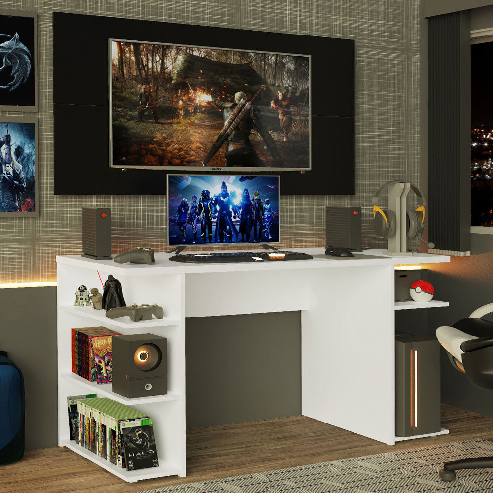 Escritorio Gamer Madesa 9409 con Panel para TV hasta 50 Pulgadas Blanco/Negro