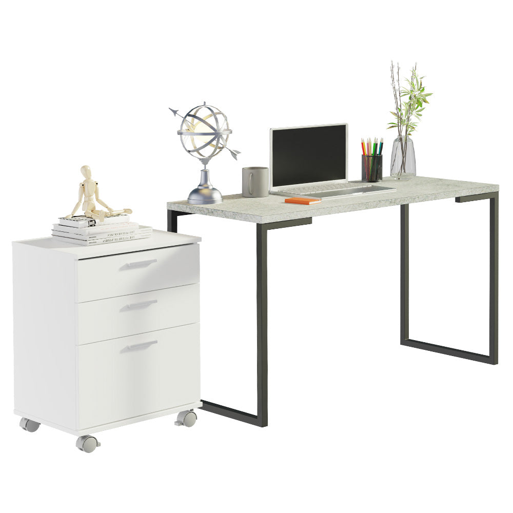 Combo Escritorio/Oficina con Mesa Industrial + Cajonera Blanco/Gris Madesa