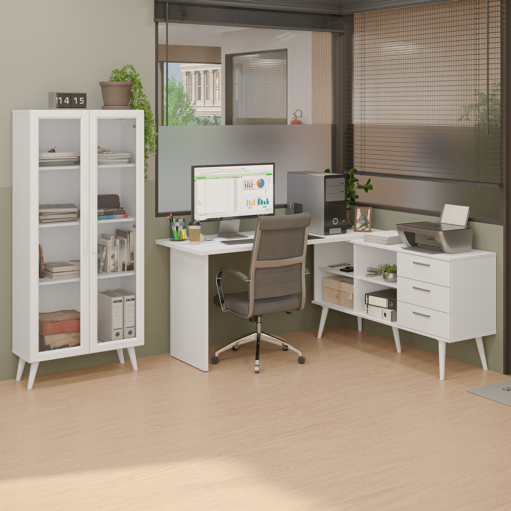Kit 2 Piezas con Escritorio Esquinero 3 Cajones y Vitrina Multiuso Blanco