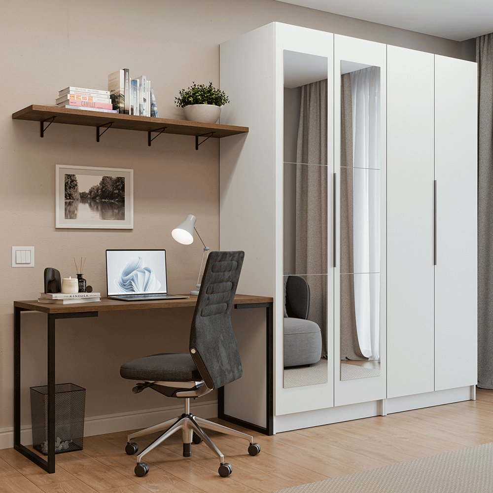 Conjunto Home Office 2 Placard Neo con Espejos 1 Escritorio 2 Repisas Blanco/Marrón Madesa