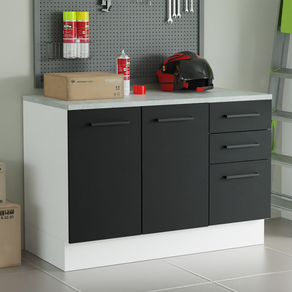 Bajo Mesada Multiuso 120cm 2 Puertas 3 Cajones Blanco/Negro Agata Madesa