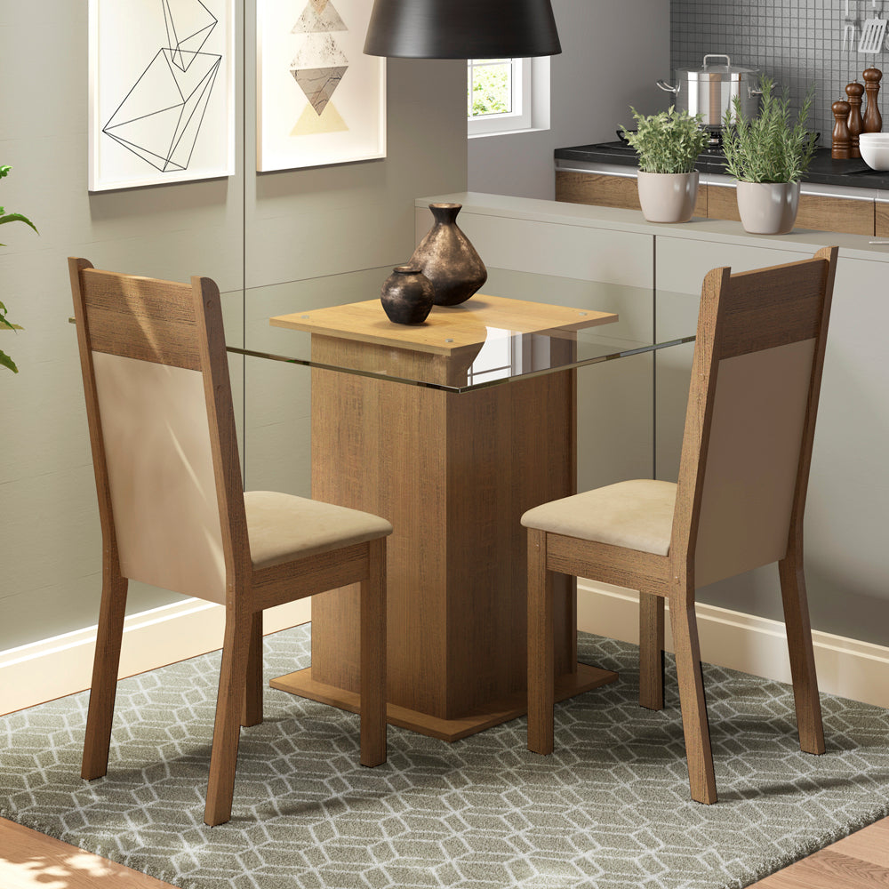 Juego de Comedor Madesa Moni Mesa Tapa de Vidrio con 2 Sillas Marrón/Crema/Sintético Beige