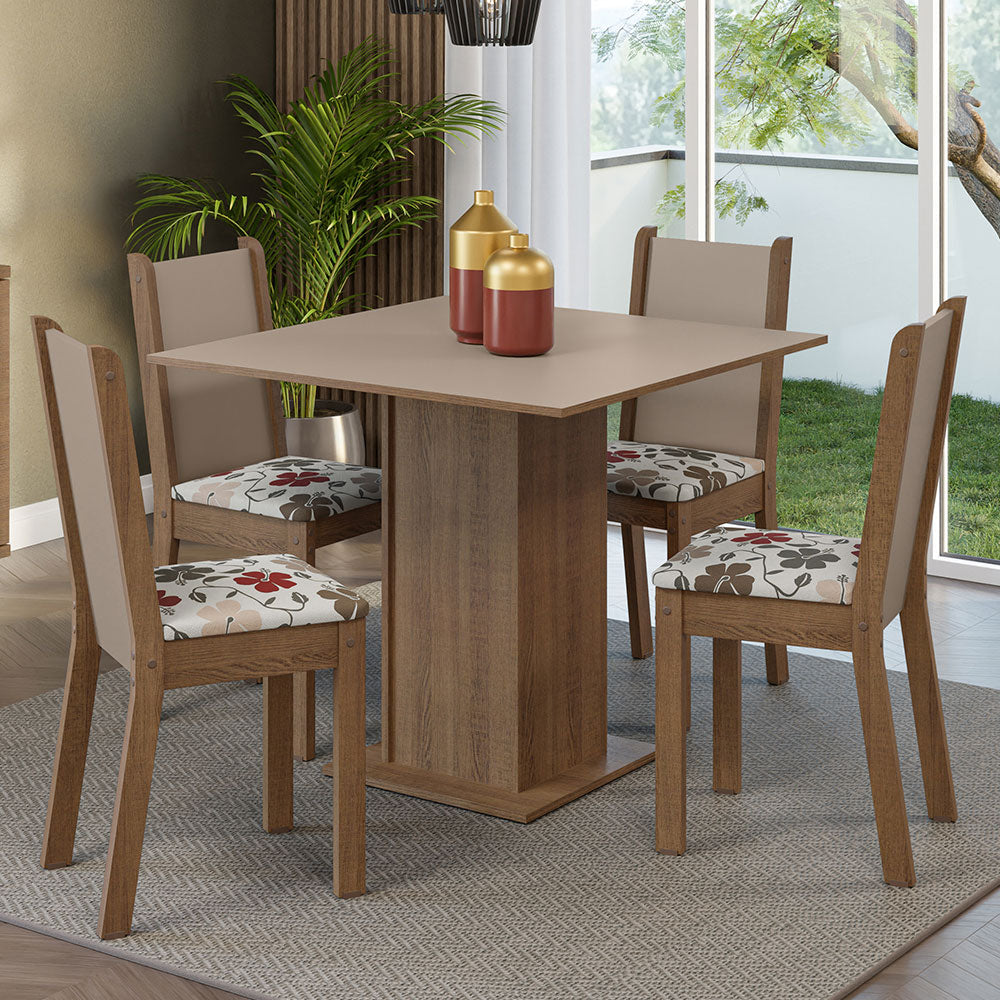 Juego de Comedor Mesa Tapa de Madera 4 Sillas Marrón/Crema/Hibiscos Alana Madesa