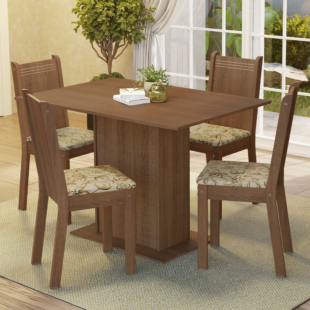 Juego de Comedor Madesa Luana Mesa Tapa de Madera con 4 Sillas Marrón/Lírio Beige