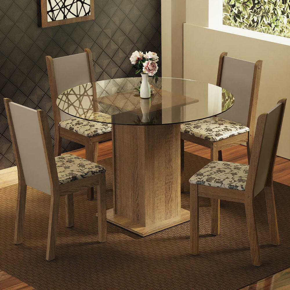 Juego de Comedor Madesa Nanda Mesa Tapa Vidrio Redondo 4 Sillas Marrón/Crema/Beige Marrón