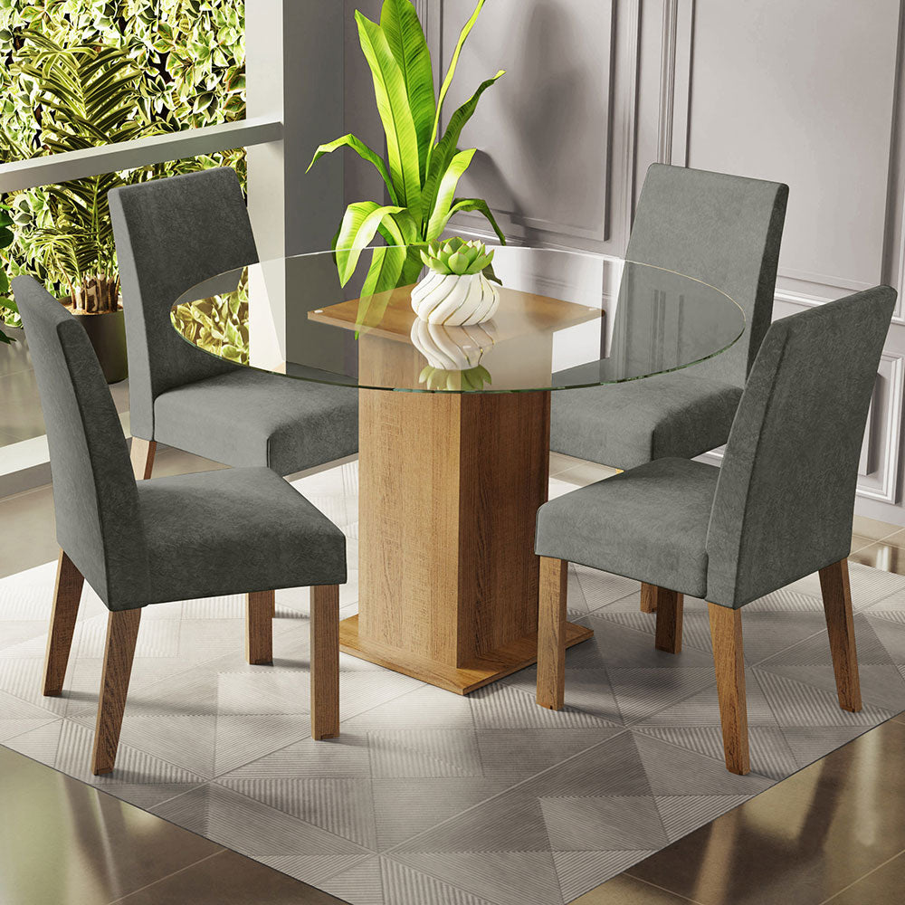 Juego de Comedor Mesada de Vidrio Redonda 4 Sillas Mile Marrón/Silver