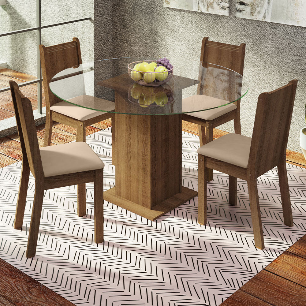 Juego de Comedor Madesa Paula Mesa Tapa de Vidrio Redondo 4 Sillas Marrón/Beige