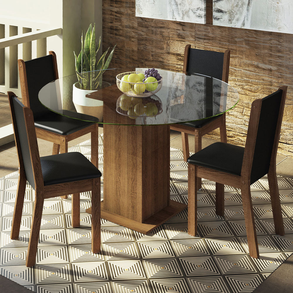 Juego de Comedor Madesa Madu Mesa Tapa de Vidrio Redondo 4 Sillas Marrón/Negro/Negro