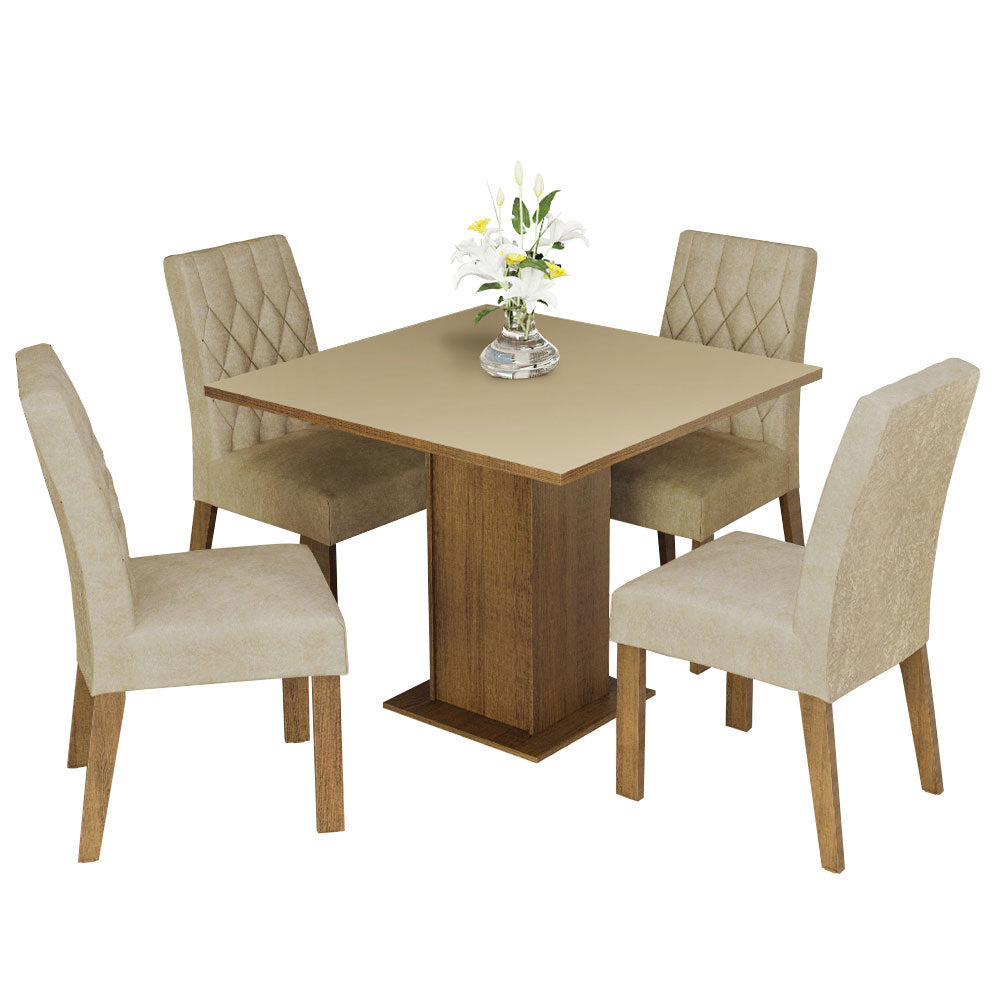 Juego de Comedor Mesa con Tapa de Madera 4 Sillas Livia Madesa - Marrón/Crema/Imperial