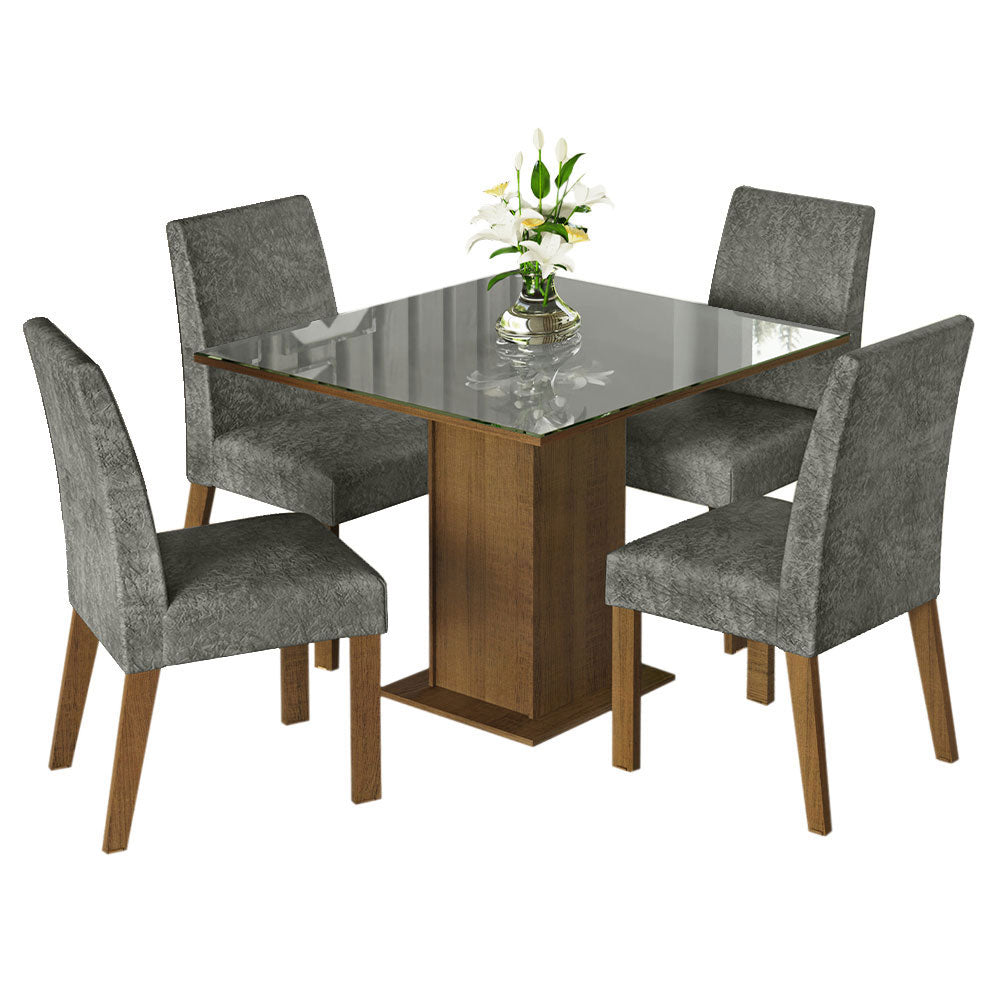 Juego de Comedor Mesa con Tapa de Vidrio 4 Sillas Marrón/Gris/Silver Anne Madesa