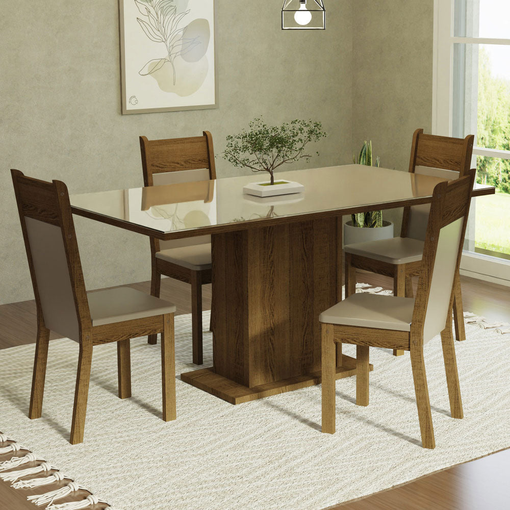 Juego de Comedor Mesa con Tapa de Vidrio 4 Sillas Crema/Marrón/Beige Greta Madesa