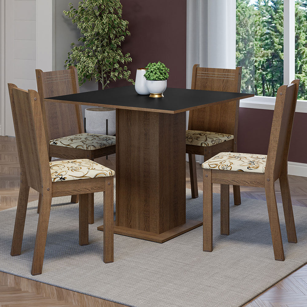 Juego de Comedor Mesa Tapa de Madera 4 Sillas Marrón/Negro/Lírio Beige Samara Madesa