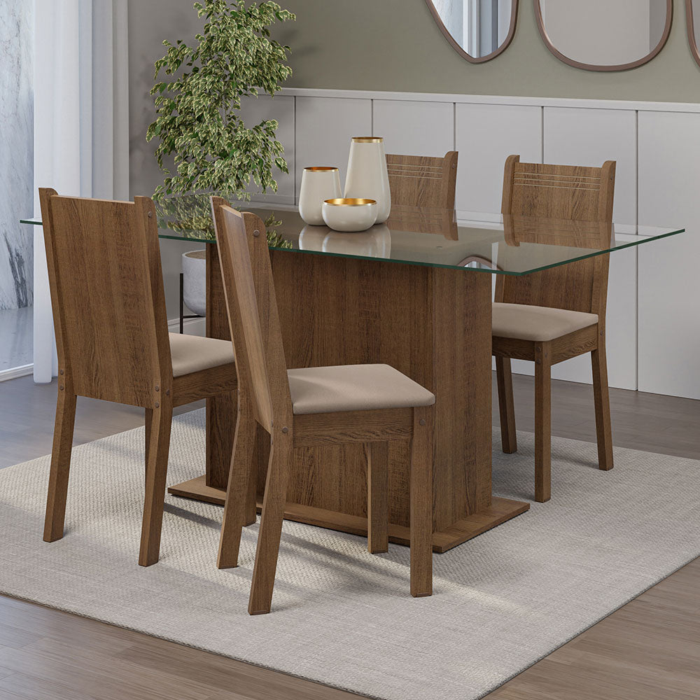 Juego de Comedor Mesa Tapa de Vidrio 4 Sillas Marrón/Sintético Beige España Madesa
