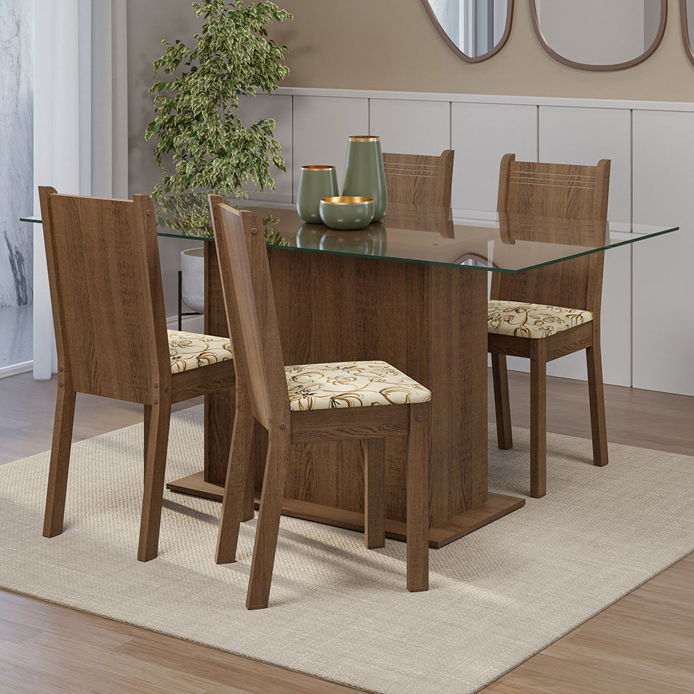 Juego de Comedor Mesa Tapa de Vidrio 4 Sillas Marrón/Lírio Beige España Madesa