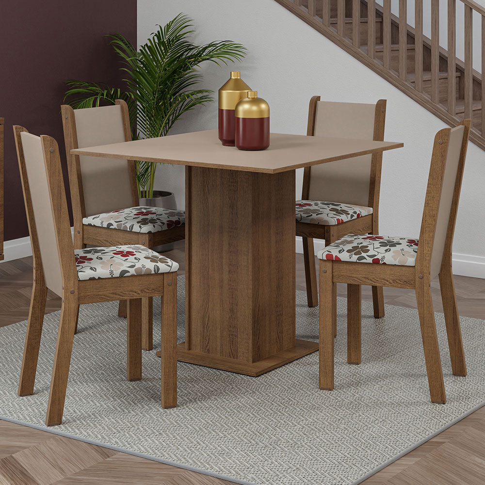 Juego de Comedor Mesa Tapa de Madera 4 Sillas Marrón/Crema/ Hibiscos Briana Madesa